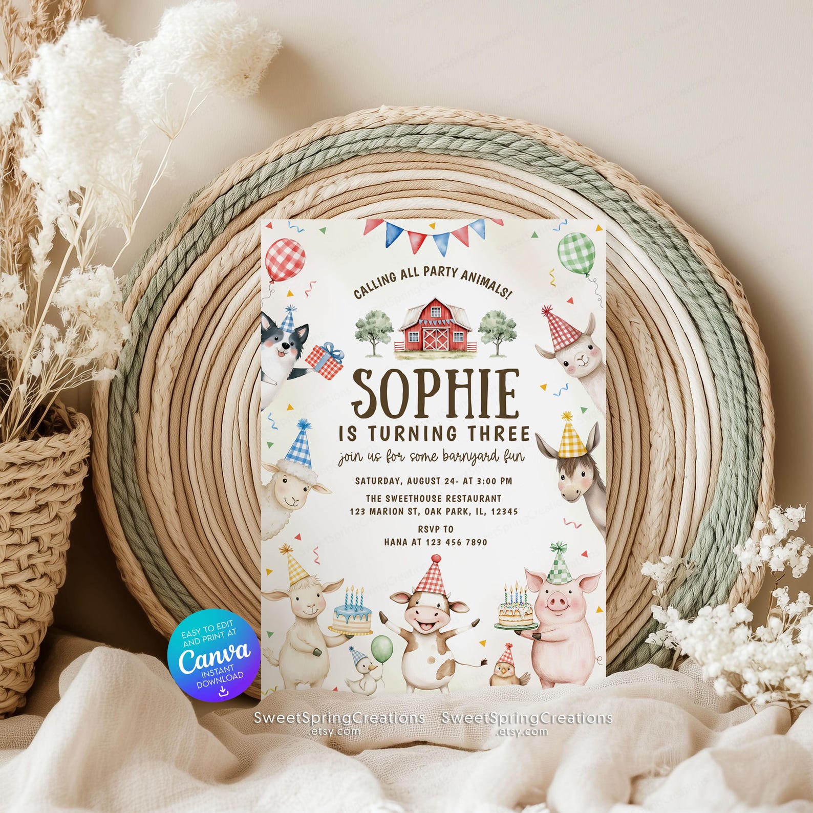 Editable Barnyard Farm Animals Birthday Party Invitation Template SSC ...