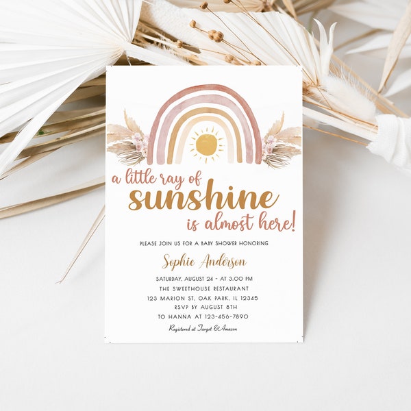 A Little Ray of Sunshine Boho Rainbow Baby Shower Invitation, boho pampas grass gender neutral baby shower invitation template #SSC_00019