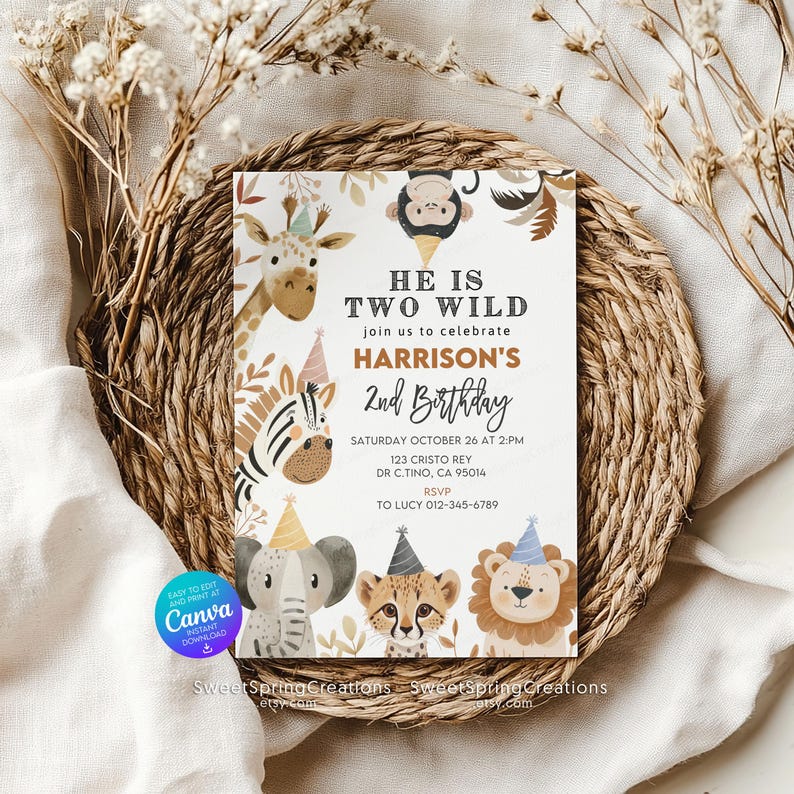 Editable Jungle Animals Two Wild Party Boho Safari 2nd Birthday Invitation Template SSC_00122 image 7