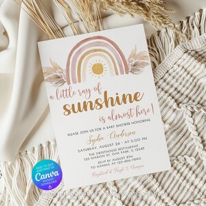 Editable A Little Ray of Sunshine Boho Rainbow Baby Shower Invitation Template, pampas grass SSC_00019 image 2