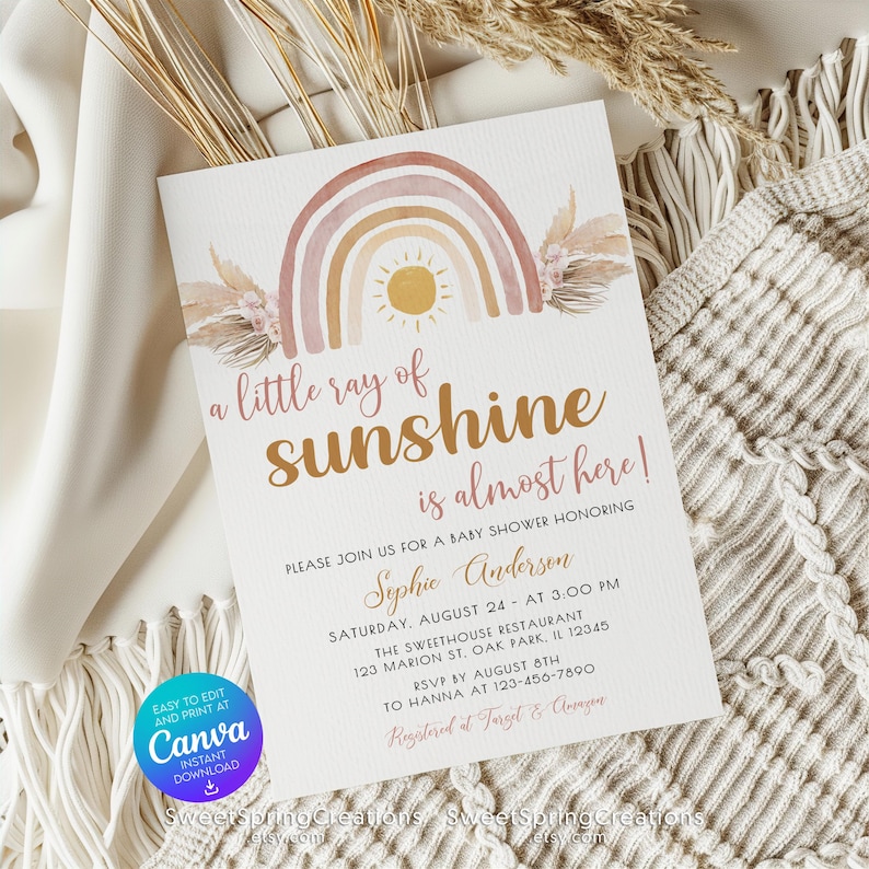 Editable A Little Ray of Sunshine Boho Rainbow Baby Shower Invitation Template, pampas grass SSC_00019 image 2