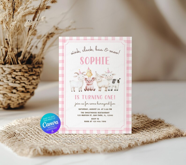 Editable Oink Cluck Baa Moo Barnyard Farm Animals 1st Birthday ...