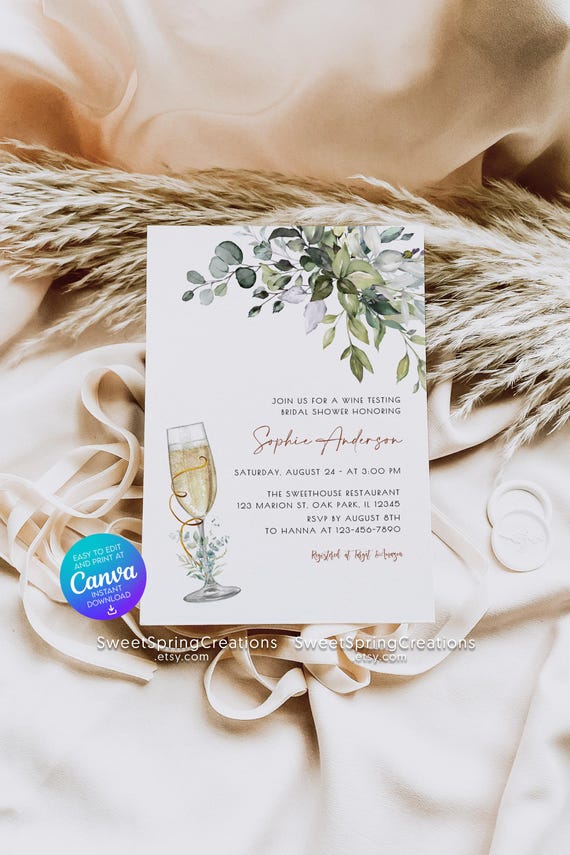 EDITABLE Greenery  Eucalyptus Champagne Brunch and Bubbly Bridal Shower Invitation BR_07
