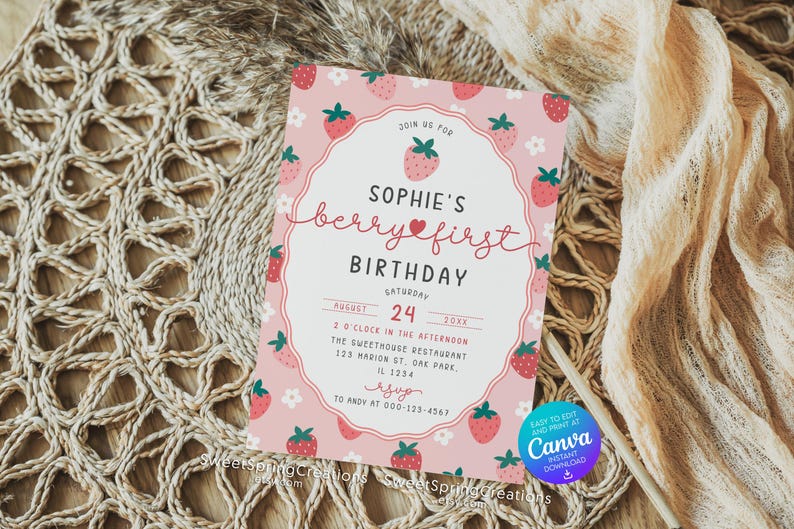 Editable Berry First Strawberry 1st Birthday Invitation Template SSC ...