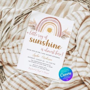 Editable A Little Ray of Sunshine Boho Rainbow Baby Shower Invitation Template, pampas grass SSC_00019 image 11