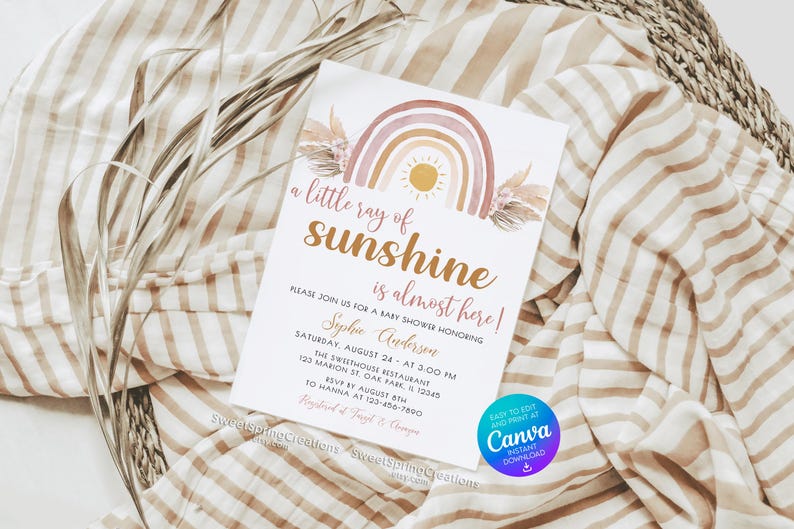 Editable A Little Ray of Sunshine Boho Rainbow Baby Shower Invitation Template, pampas grass SSC_00019 image 11