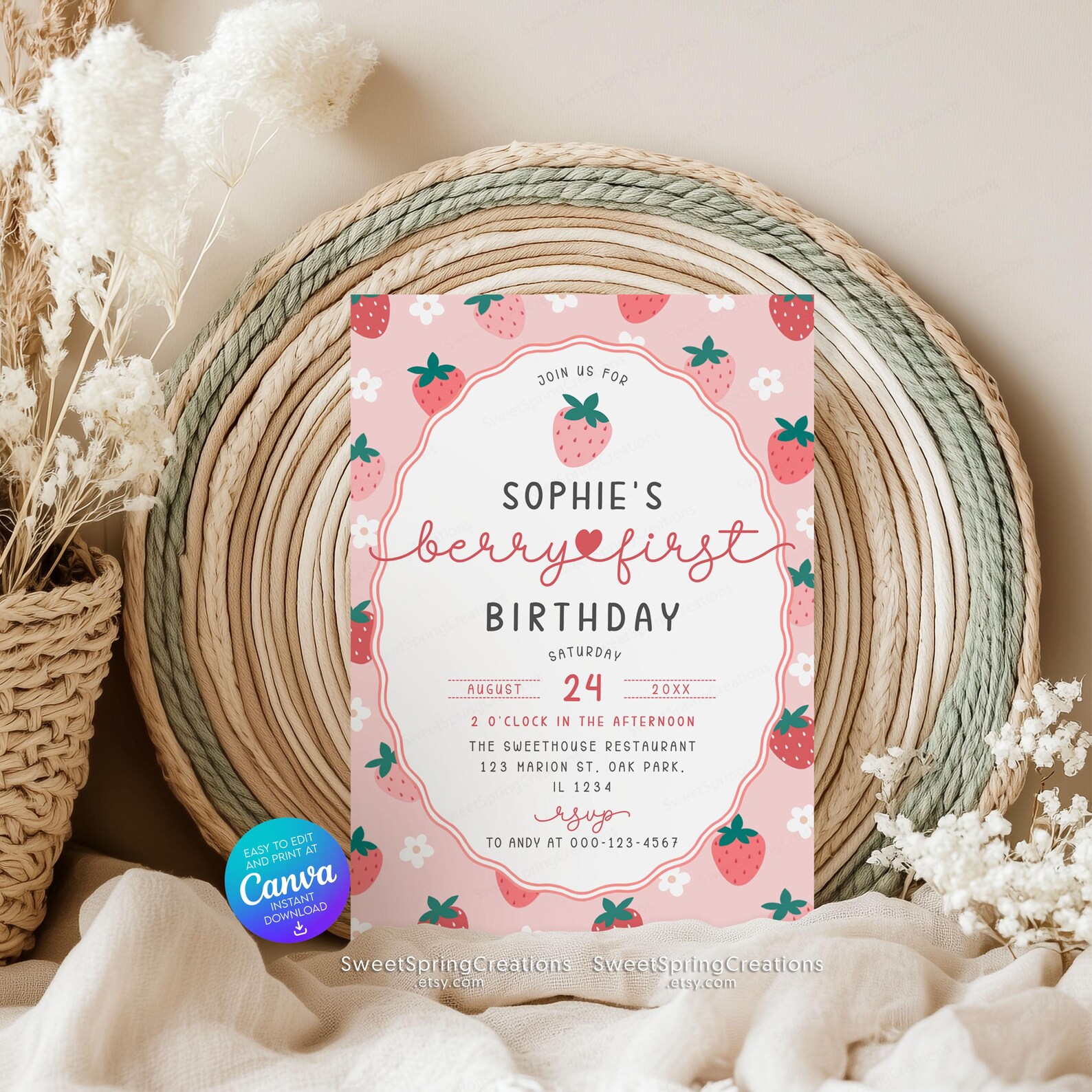 Editable Berry First Strawberry 1st Birthday Invitation Template SSC ...