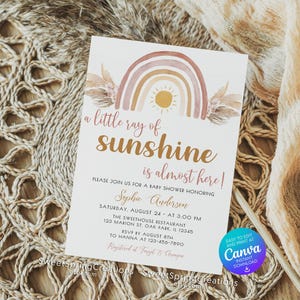 Editable A Little Ray of Sunshine Boho Rainbow Baby Shower Invitation Template, pampas grass SSC_00019 image 9