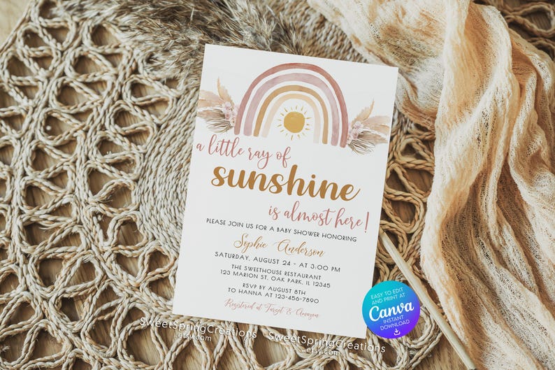 Editable A Little Ray of Sunshine Boho Rainbow Baby Shower Invitation Template, pampas grass SSC_00019 image 9