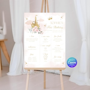 Pu&ograve; includere: Un cartello stampabile per il primo compleanno in rosa e oro con un'illustrazione di un castello e dettagli floreali. Il cartello include informazioni sulla bambina festeggiata, come la sua et&agrave;, il peso e il numero dei denti. Il testo recita "Sophie's First Birthday".
