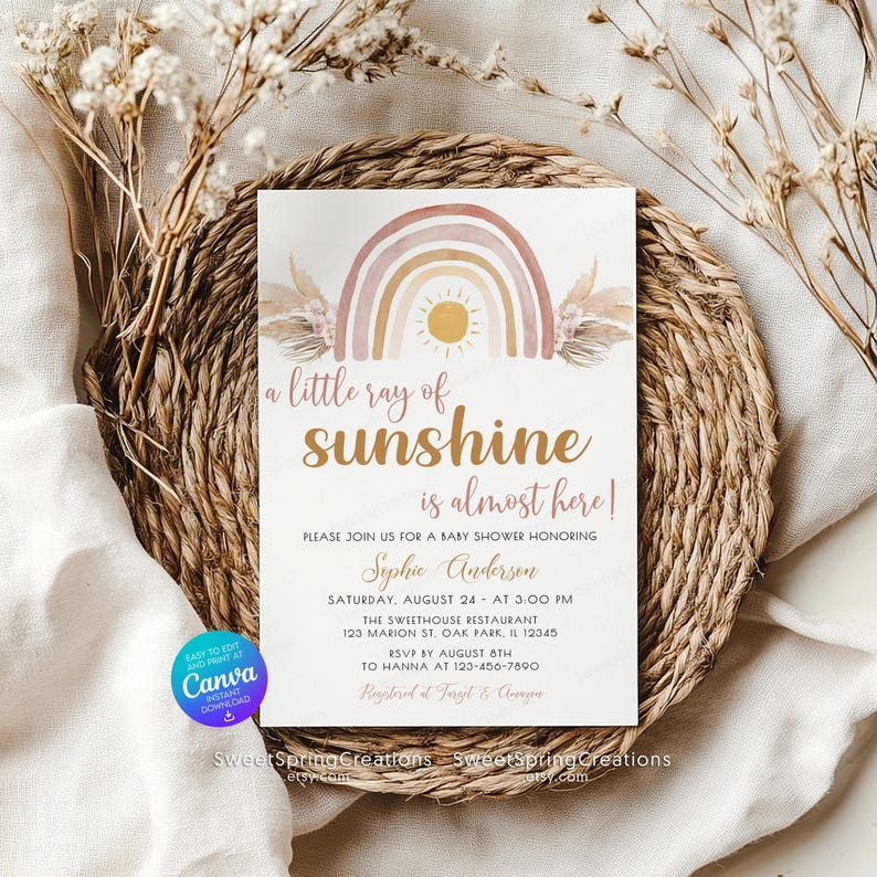 Editable A Little Ray of Sunshine Boho Rainbow Baby Shower Invitation Template, pampas grass SSC_00019 image 8