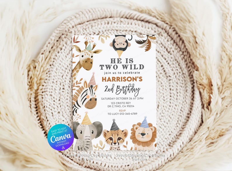 Editable Jungle Animals Two Wild Party Boho Safari 2nd Birthday Invitation Template SSC_00122 image 5
