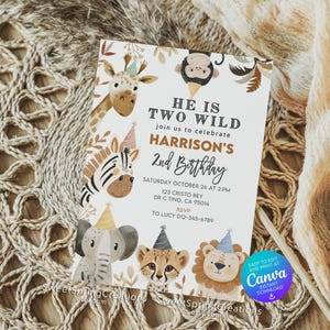 Editable Jungle Animals Two Wild Party Boho Safari 2nd Birthday Invitation Template SSC_00122 image 8