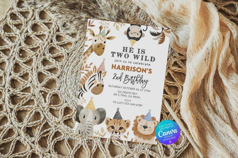 Editable Jungle Animals Two Wild Party Boho Safari 2nd Birthday Invitation Template SSC_00122 image 8