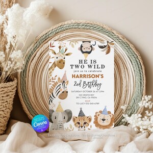Editable Jungle Animals Two Wild Party Boho Safari 2nd Birthday Invitation Template SSC_00122 image 2