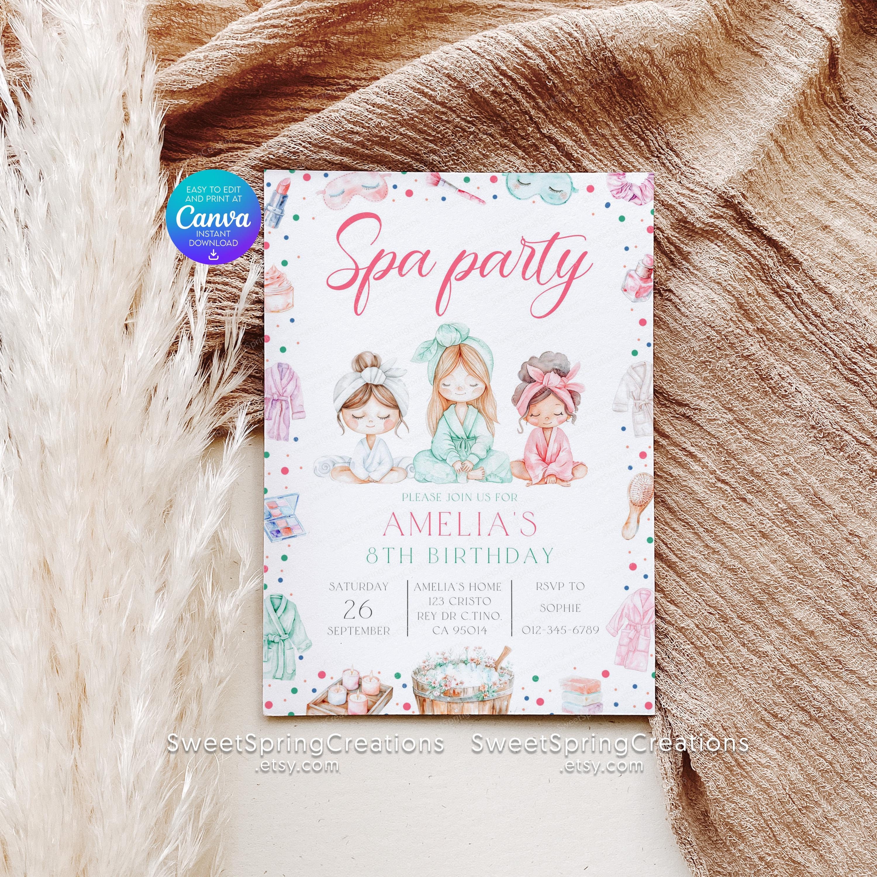 Spa Party Birthday Invitation: Pamper, Manicure, Pedicure (Canva Template)