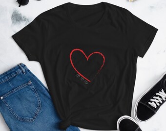 Frauen einfaches Herz Kurzarm T-Shirt - Schwarze Farbe