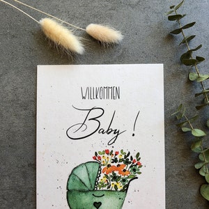 Greeting card for the birth Welcome Baby A6 baby card Greetings card hand-painted with lettering and watercolor motif Card stroller image 2
