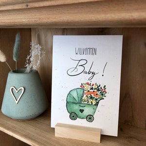 Grußkarte zur Geburt "Willkommen Baby" A6; Babykarte; Glückwunschkarte handgemalt mit Schriftzug und Watercolormotiv; Karte Kinderwagen