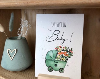 Greeting card for the birth "Welcome Baby" A6; baby card; Greetings card hand-painted with lettering and watercolor motif; Card stroller