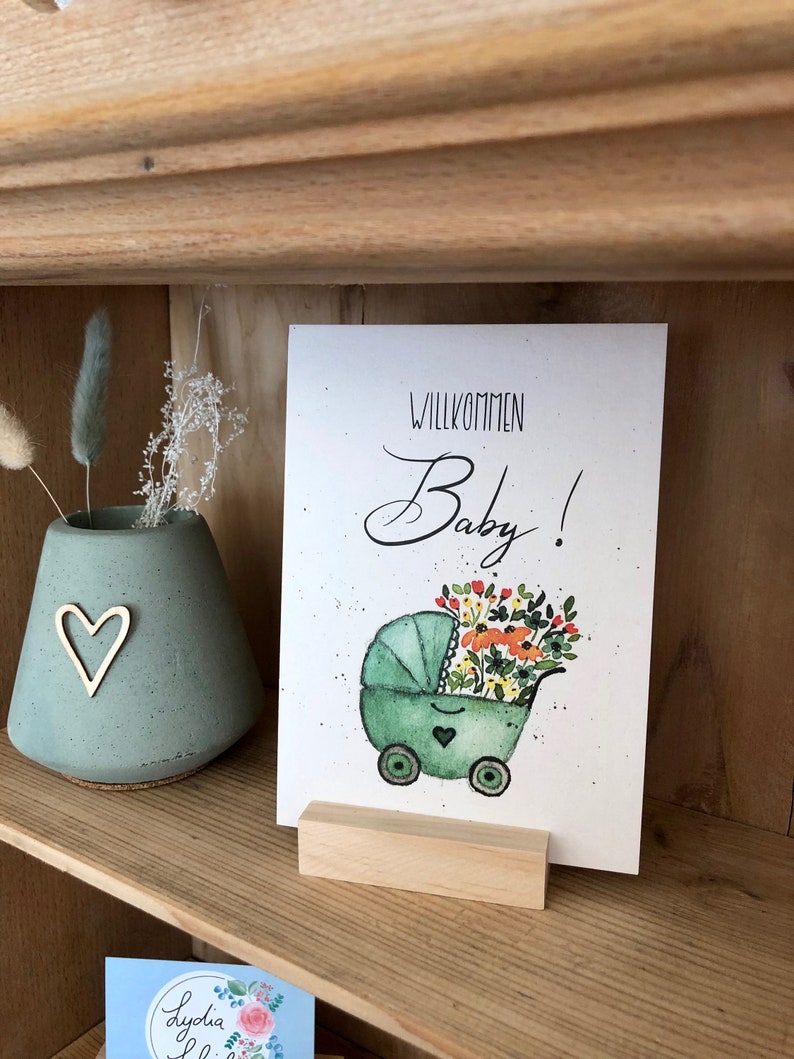 Greeting card for the birth Welcome Baby A6 baby card Greetings card hand-painted with lettering and watercolor motif Card stroller image 1