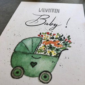 Greeting card for the birth Welcome Baby A6 baby card Greetings card hand-painted with lettering and watercolor motif Card stroller image 3