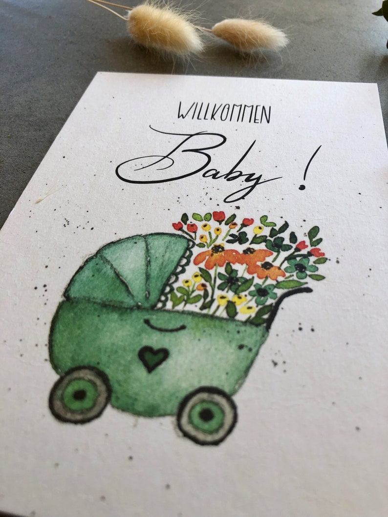 Greeting card for the birth Welcome Baby A6 baby card Greetings card hand-painted with lettering and watercolor motif Card stroller image 3