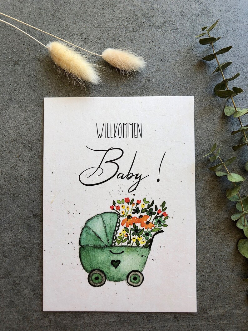 Greeting card for the birth Welcome Baby A6 baby card Greetings card hand-painted with lettering and watercolor motif Card stroller image 2