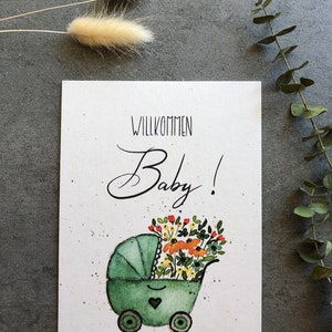 Greeting card for the birth Welcome Baby A6 baby card Greetings card hand-painted with lettering and watercolor motif Card stroller image 8