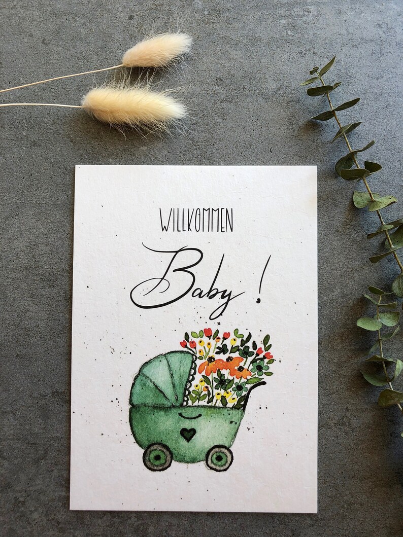 Greeting card for the birth Welcome Baby A6 baby card Greetings card hand-painted with lettering and watercolor motif Card stroller image 8