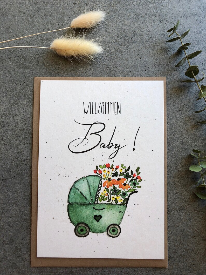 Greeting card for the birth Welcome Baby A6 baby card Greetings card hand-painted with lettering and watercolor motif Card stroller image 4
