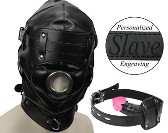 Bondage Hood with Detachable Silicone Dildo Gag and Blindfold,Personalized Custom Word Leather Slave Hood Penis Gag,BDSM Sensory Deprivation