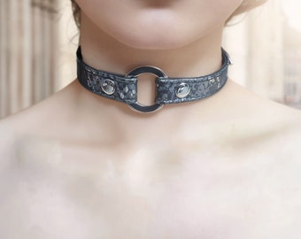 Black Mamba Leather Choker Collar Stainless Steel O-Ring Leather Choker Necklace Snake Print Collar Necklace Custom Size,Gifts for Her/Him