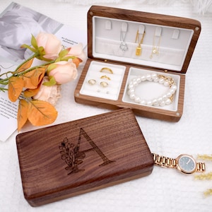 Estuche de viaje personalizado para mujer, organizador de joyas de madera, estuche de viaje para joyas con nombre grabado, regalo personalizado para ella, damas de honor o aniversario.