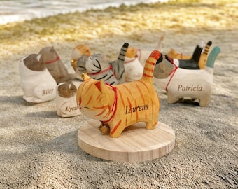 Wooden Cat Figurine–Cat statue with pet name engraved,Birthdays and Holidays–Unique Home Decor for Cat Lovers
