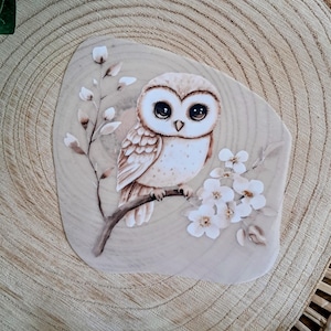 Könnte beinhalten: Aquarellillustration einer hellbraunen Eule mit großen schwarzen Augen, die auf einem Ast mit weißen Blüten sitzt. Die Eule befindet sich vor einem hellbeigen Hintergrund mit Holzmaserung.