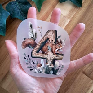 Könnte beinhalten: Ein klarer, durchscheinender Aufkleber mit einem braunen Eichhörnchen, das auf der Zahl vier sitzt, die wie Holz gestaltet ist. Der Aufkleber enthält Illustrationen von Pilzen und Blättern. Der Aufkleber wird in einer Hand gehalten.