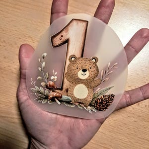 Bügelbild 1 Geburtstag Bär Waldtiere zum selbst aufbügeln ca. 9cm hoch Eulinchen handmade - auch mit Name personalisiert möglich