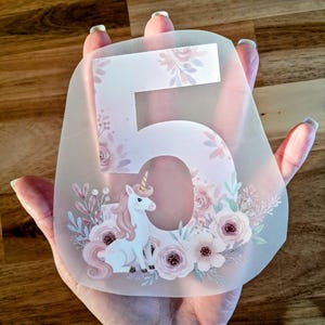 Bügelbild 5 Geburtstag Einhorn Blumen zum selbst aufbügeln ca. 12 cm hoch Eulinchen handmade - auch mit Name personalisiert möglich