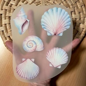Könnte beinhalten: Eine Sammlung von Muschelschalen-Aufklebern in verschiedenen Formen und Größen. Die Aufkleber zeigen eine Pastellfarbpalette aus Rosa, Blau und Weiß. Die Muschelschalen sind auf einem durchscheinenden Hintergrund angeordnet.