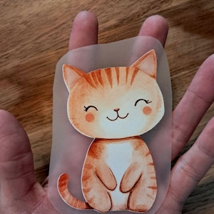 Könnte beinhalten: Aufkleber eines lächelnden orangefarbenen getigerten Kätzchens mit weißem Bauch, rosigen Wangen und einem gebogenen Schwanz. Die Katze sitzt und hat schwarze Schnurrhaare und geschlossene Augen. Der Aufkleber befindet sich auf einer transparenten Folie.