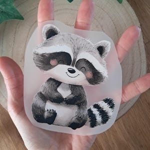 Könnte beinhalten: Illustration eines lächelnden Waschbären mit grauem, schwarzem und weißem Fell und einem gestreiften Schwanz. Der Waschbär hat rosa Wangen und ist vor einem durchscheinenden Hintergrund platziert. Das Bild wird in einer Hand gehalten.