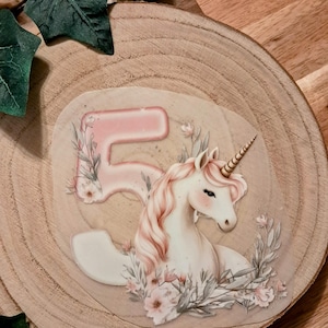Könnte beinhalten: Dekorative Holzscheibe mit einem Einhorn und der Zahl 5. Das Einhorn hat eine rosa Mähne und ein goldenes Horn, umgeben von rosa Blumen und Grün. Die Zahl 5 ist ebenfalls rosa.