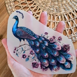 Könnte beinhalten: Ein durchscheinender Aufkleber mit einem lebhaften Pfau mit schillerndem blauem und violettem Gefieder, detaillierten Schwanzfedern mit augenartigen Mustern und dekorativen rosa Blumenakzenten. Das Design ist auf transparentem Material.