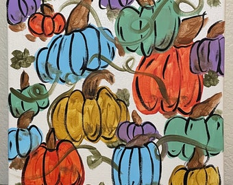 Peut inclure: Une peinture colorée de citrouilles dans différentes nuances de bleu, vert, orange, jaune et violet. Les citrouilles sont disposées dans un motif fantaisiste avec des vignes et des volutes.