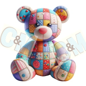May include: A patchwork teddy bear with a pink nose and button eyes. The bear is made of colourful fabric squares and has a striped pattern on its feet.