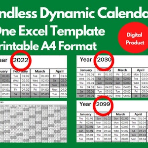 Endless Dynamic Calendar, Digital Excel Calendar, Printable A4 Format, Excel Template, Instant Download Excel