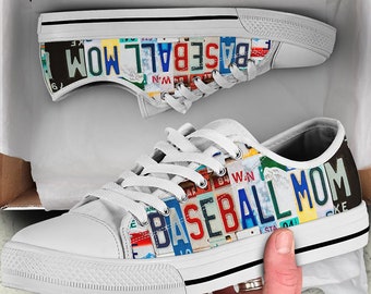Baseball Mom Converse Inspired License Plate Unisex Low Top Canvas Shoe | Fast Free Shipping