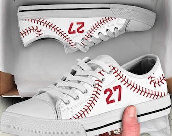 Personalized Baseball/Softball White Edition Converse Inspired Unisex Low Top Canvas Shoe | Fast Free Shipping