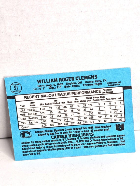 Roger Clemens Baseball Card 1987 Leaf No. 51 - Etsy